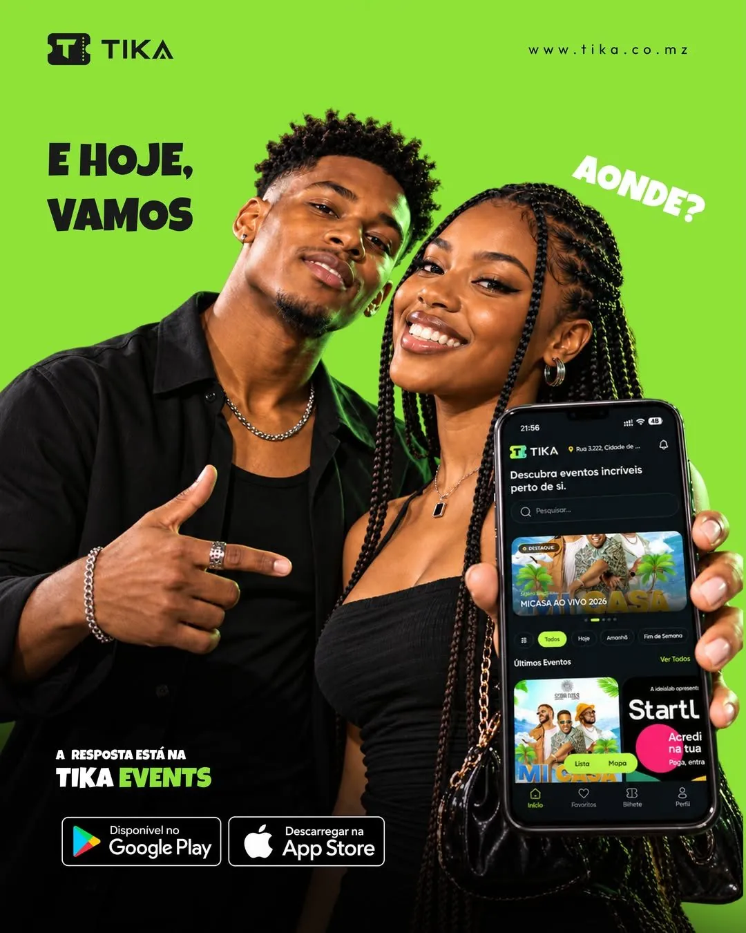 Campanha TIKA: casal mostra a app com eventos em destaque, “E hoje, vamos aonde?”